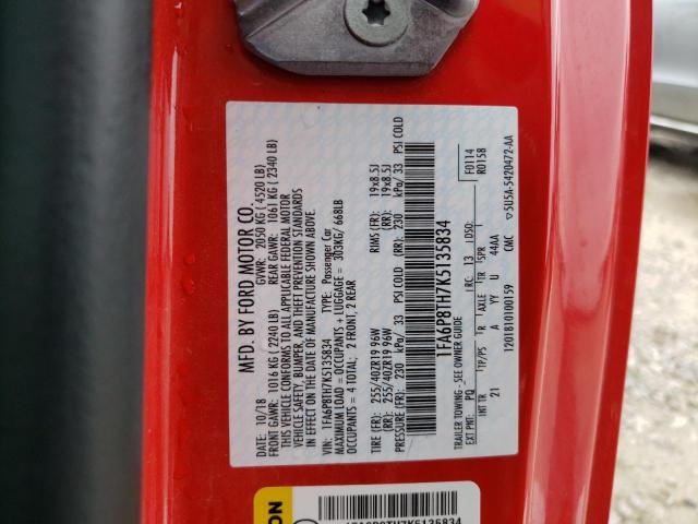 1FA6P8TH7K5135834 - 2019 FORD MUSTANG RED photo 12