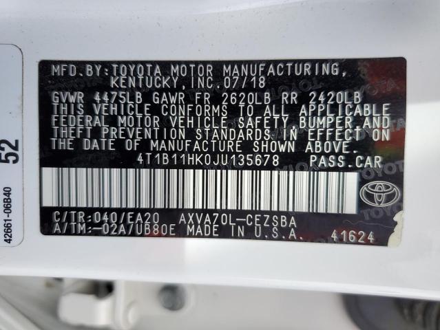 4T1B11HK0JU135678 - 2018 TOYOTA CAMRY L WHITE photo 12