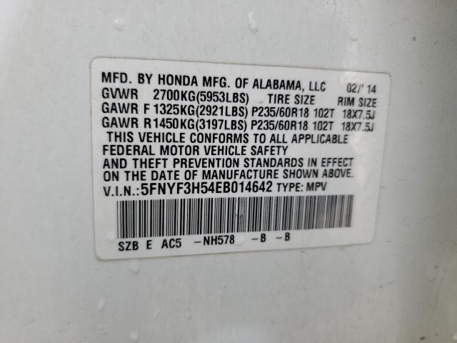 5FNYF3H54EB014642 - 2014 HONDA PILOT EXL WHITE photo 13