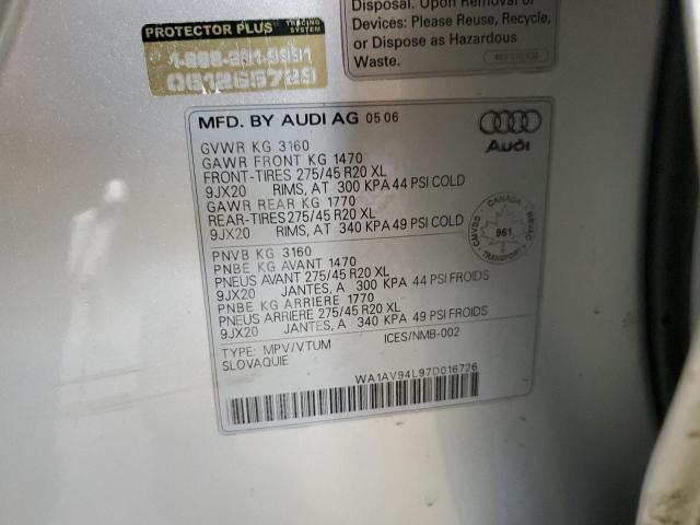 WA1AV94L97D016726 - 2007 AUDI Q7 4.2 QUATTRO SILVER photo 13