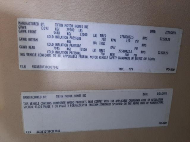 4UZAB2DT3BCBE7942 - 2011 FREIGHTLINER CHASSIS XC ორფეროვანი ფოტო 10