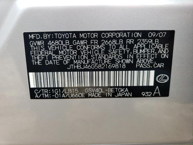 JTHBJ46G582169818 - 2008 LEXUS ES 350 SILVER photo 12