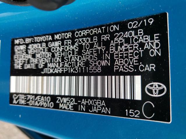 JTDKARFP1K3111558 - 2019 TOYOTA PRIUS PRIM Türkis Foto 13