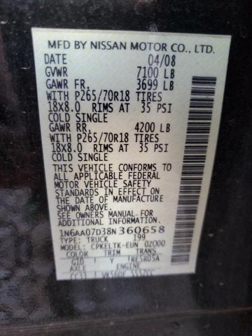 1N6AA07D38N360658 - 2008 NISSAN TITAN XE BLACK photo 12