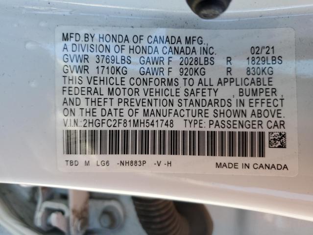 2HGFC2F81MH541748 - 2021 HONDA CIVIC SPORT 白色 照片 12
