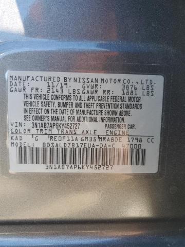 3N1AB7AP6KY452727 - 2019 NISSAN SENTRA S GRAY photo 12