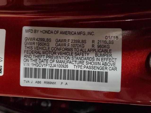 1HGCV1F12JA100926 - 2018 HONDA ACCORD LX RED photo 12