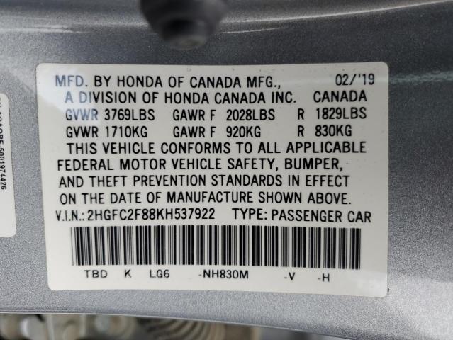 2HGFC2F88KH537922 - 2019 HONDA CIVIC SPORT SILVER photo 12