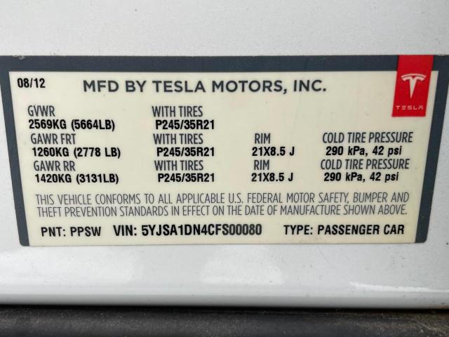5YJSA1DN4CFS00080 - 2012 TESLA MODEL S Սպիտակ լուսանկար 10