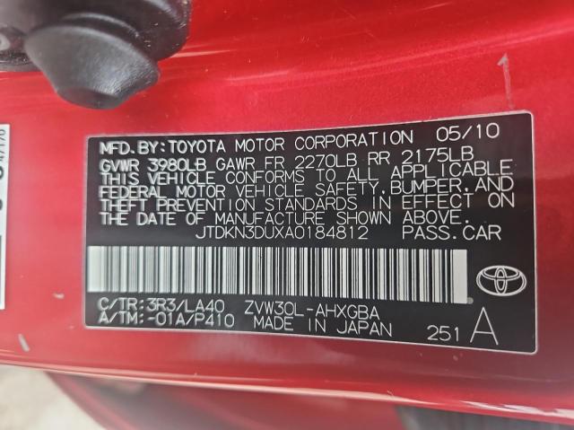 JTDKN3DUXA0184812 - 2010 TOYOTA PRIUS RED photo 10