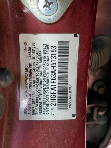 2HGFA1F63AH513153 - 2010 HONDA CIVIC LX-S მუქწითელი ფოტო 12