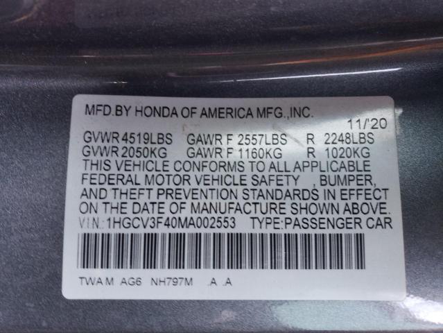 1HGCV3F40MA002553 - 2021 HONDA ACCORD HYBRID EX GRAY photo 13