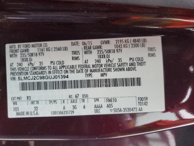 5LMCJ2C98GUJ01394 - 2016 LINCOLN MKC SELECT ბურგუნდია ფოტო 12