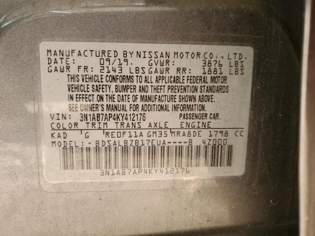 3N1AB7AP4KY412176 - 2019 NISSAN SENTRA S ნაცრისფერი ფოტო 13