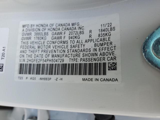 2HGFE2F54PH504729 - 2023 HONDA CIVIC SPORT WHITE photo 12