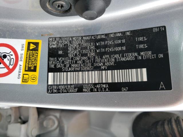 5TDJKRFH4FS089657 - 2015 TOYOTA HIGHLANDER XLE SILVER photo 13