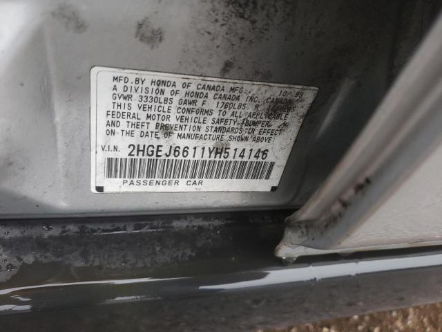 2HGEJ6611YH514146 - 2000 HONDA CIVIC BASE SILVER photo 12