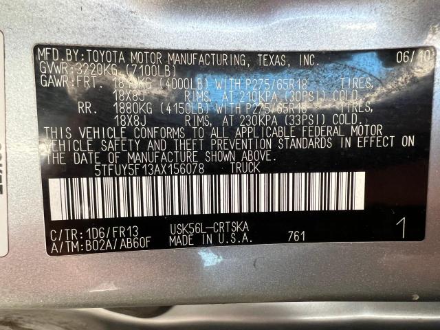 5TFUY5F13AX156078 - 2010 TOYOTA TUNDRA DOUBLE CAB SR5 SILVER photo 10