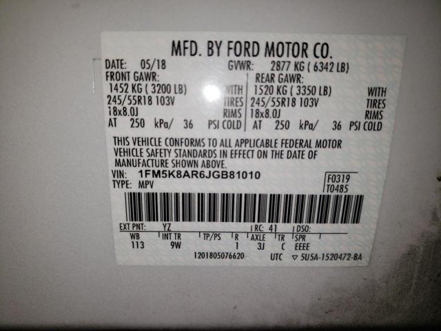 1FM5K8AR6JGB81010 - 2018 FORD EXPLORER POLICE INTERCEPTOR თეთრი ფოტო 13