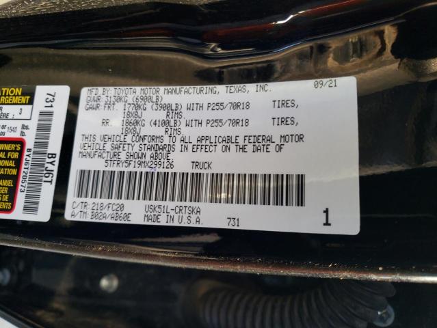 5TFRY5F19MX299126 - 2021 TOYOTA TUNDRA DOUBLE CAB SR/SR5 BLACK photo 12