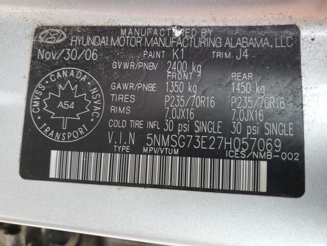 5NMSG73E27H057069 - 2007 HYUNDAI SANTA FE GL SILVER photo 13