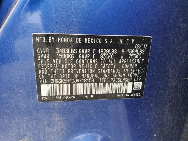 3HGGK5H40JM718158 - 2018 HONDA FIT LX BLUE photo 12