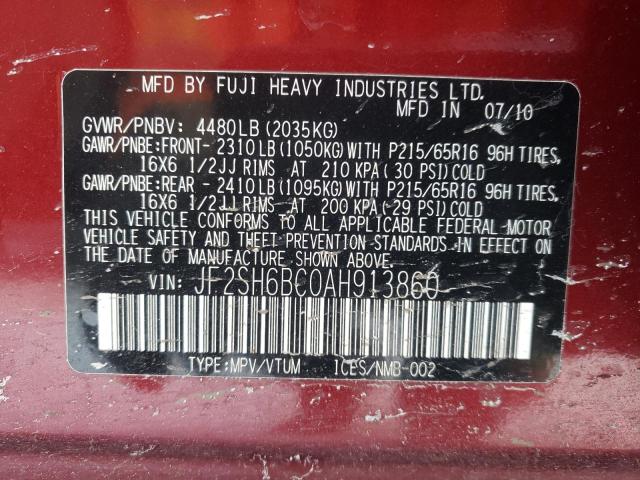 JF2SH6BC0AH913860 - 2010 SUBARU FORESTER XS Tünd qırmızı foto 13