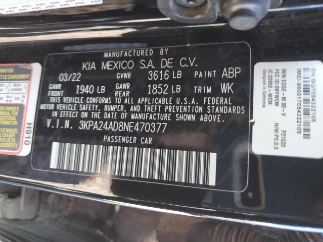 3KPA24AD8NE470377 - 2022 KIA RIO LX BLACK photo 12