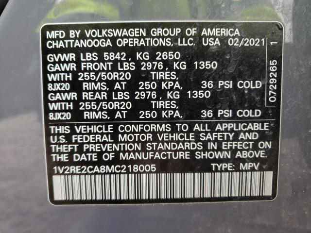 1V2RE2CA8MC218005 - 2021 VOLKSWAGEN ATLAS CROS SE ნაცრისფერი ფოტო 12