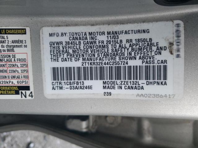 2T1KR32E44C255724 - 2004 TOYOTA COROLLA MA XR SILVER photo 12