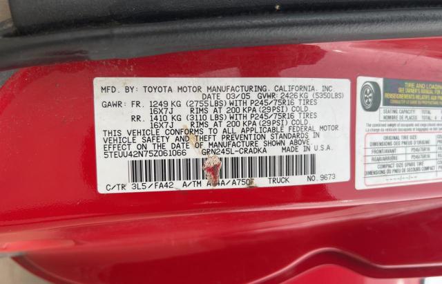 5TEUU42N75Z061066 - 2005 TOYOTA TACOMA ACCESS CAB RED photo 10