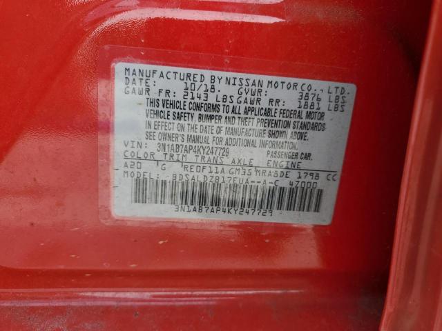 3N1AB7AP4KY247729 - 2019 NISSAN SENTRA S RED photo 12