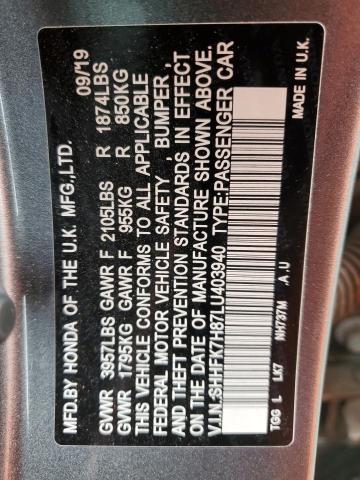 SHHFK7H87LU403940 - 2020 HONDA CIVIC EXL ნაცრისფერი ფოტო 12