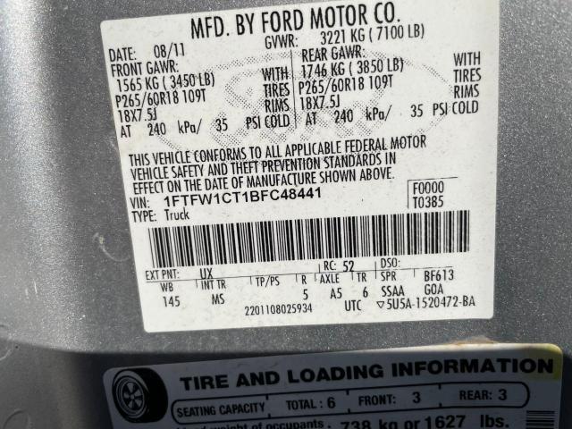 1FTFW1CT1BFC48441 - 2011 FORD F150 SUPERCREW SILVER photo 10