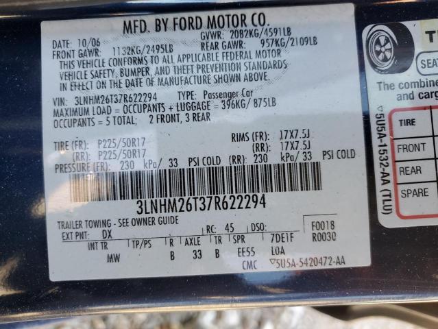 3LNHM26T37R622294 - 2007 LINCOLN MKZ BLUE photo 13