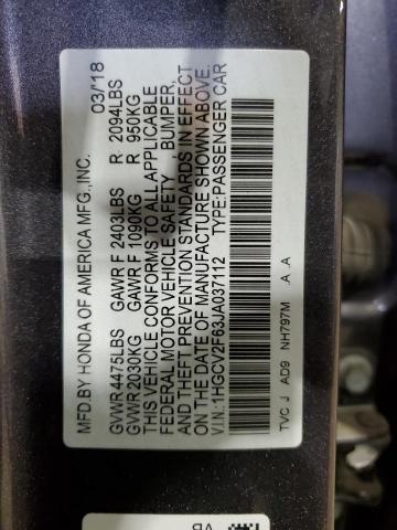 1HGCV2F63JA037112 - 2018 HONDA ACCORD EXL GRAY photo 12