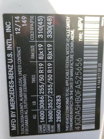 4JGDA5HB0FA525656 - 2015 MERCEDES-BENZ ML 350 4MATIC WHITE photo 12