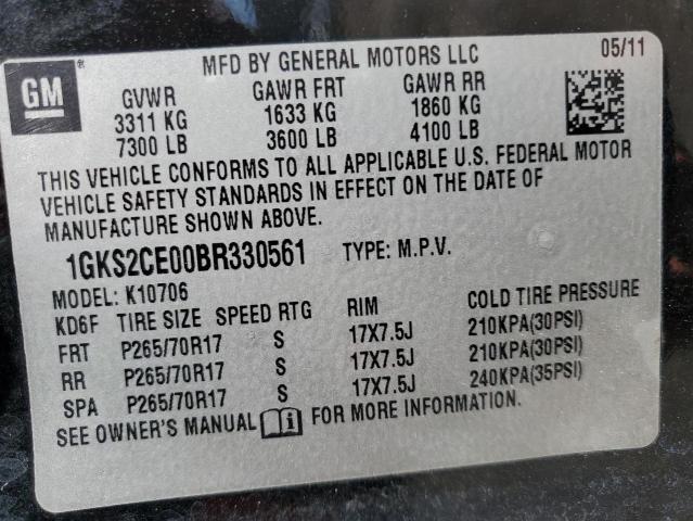 1GKS2CE00BR330561 - 2011 GMC YUKON SLT BLACK photo 12