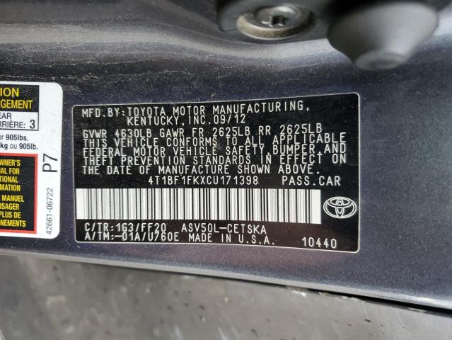 4T1BF1FKXCU171398 - 2012 TOYOTA CAMRY BASE GRAY photo 12