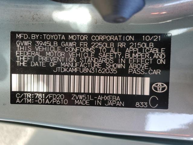 JTDKAMFU8N3162035 - 2022 TOYOTA PRIUS NIGHT SHADE TURQUOISE photo 12