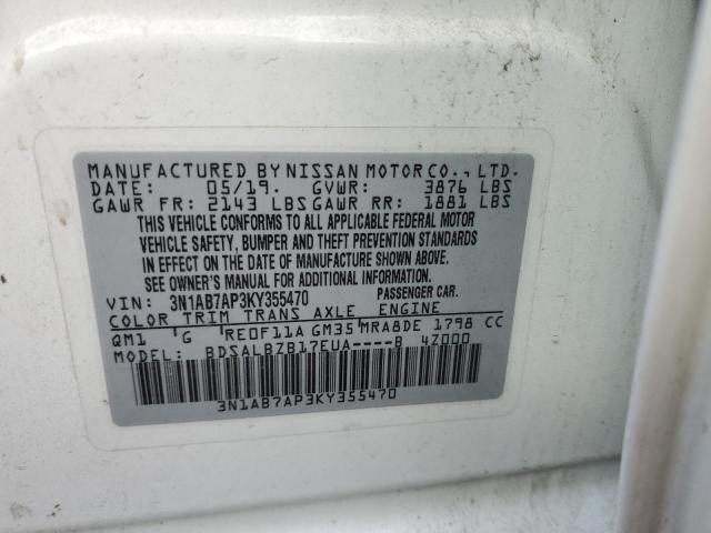 3N1AB7AP3KY355470 - 2019 NISSAN SENTRA S WHITE photo 12