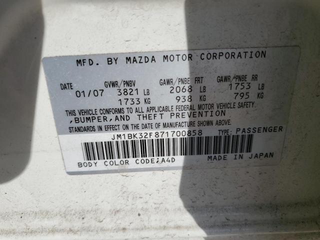 JM1BK32F871700858 - 2007 MAZDA 3 I WHITE photo 12