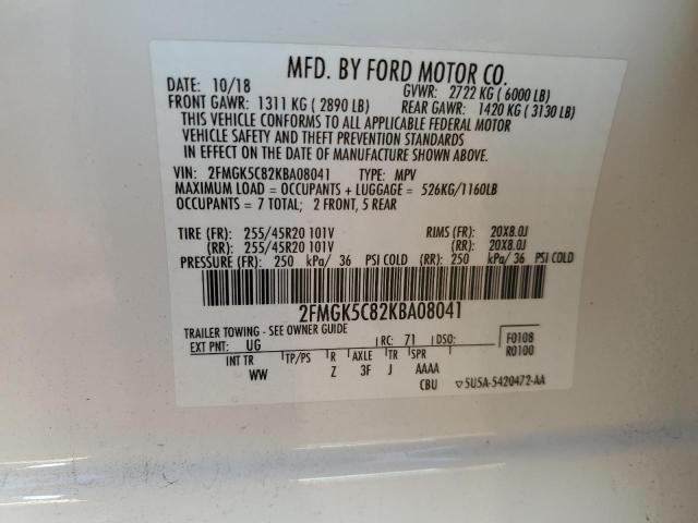 2FMGK5C82KBA08041 - 2019 FORD FLEX SEL WHITE photo 14