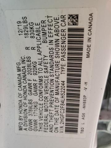 2HGFC2F84LH522044 - 2020 HONDA CIVIC SPORT 白色 照片 12