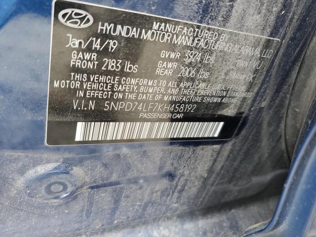 5NPD74LF7KH458192 - 2019 HYUNDAI ELANTRA SE BLUE photo 12