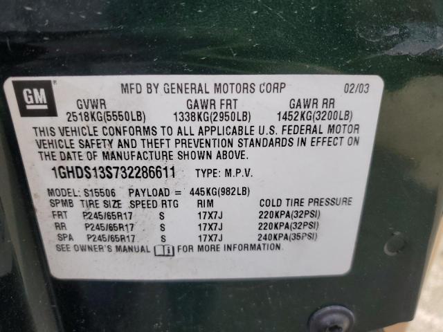 1GHDS13S732286611 - 2003 OLDSMOBILE BRAVADA GREEN photo 13