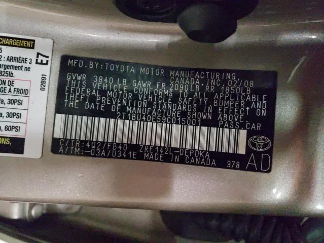 2T1BU40E59C015001 - 2009 TOYOTA COROLLA BASE TAN photo 12