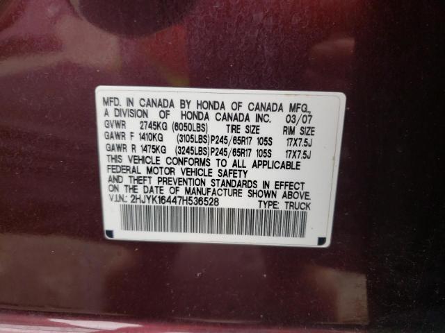 2HJYK16447H536528 - 2007 HONDA RIDGELINE RTS MAROON photo 12