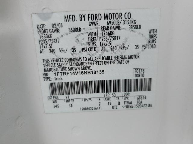 1FTRF14V16NB18135 - 2006 FORD F150 WHITE photo 12