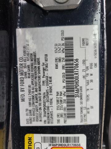 3FA6P0HD0LR170656 - 2020 FORD FUSION SE BLACK photo 12